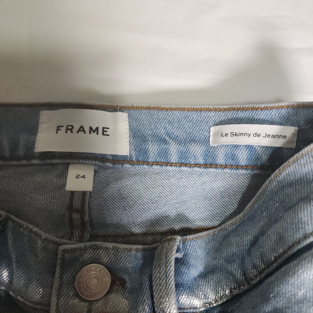 FRAME Le Skinny de Jeanne Metallic Silver Coated Jeans NWT Size 24 - Picture 4 of 15